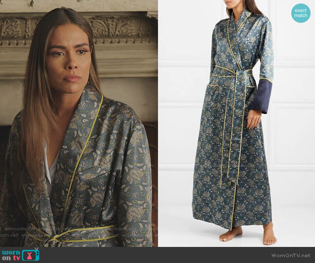 Olivia von Halle Bettina Printed Silk-Satin Robe worn by Cristal Jennings (Daniella Alonso) on Dynasty