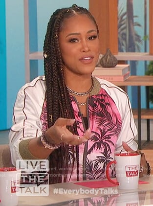 Eve’s pink palm tree bomber jacket on The Talk