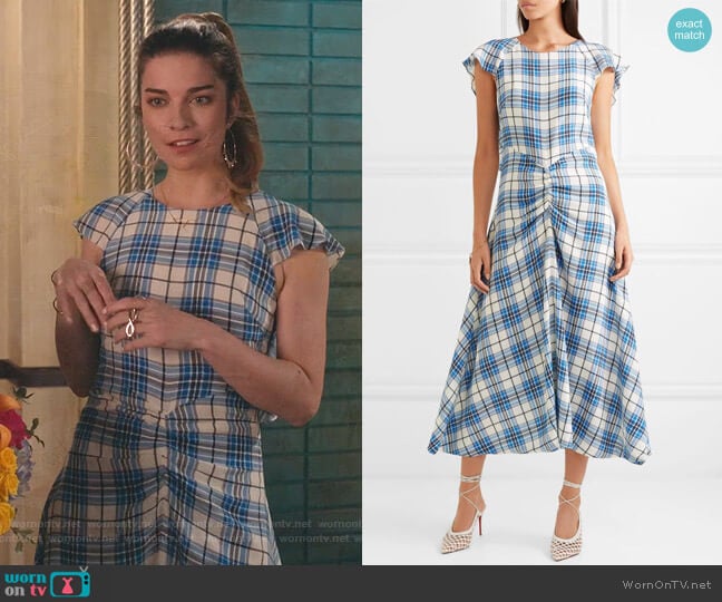 Paper London Dutch Ruched Checked Midi Dress worn by Alexis Rose (Annie Murphy) on Schitts Creek