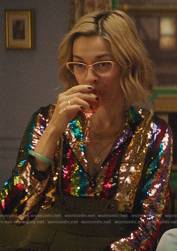 Pepper’s sequin stripe blouse and grommet detail overalls on Katy Keene