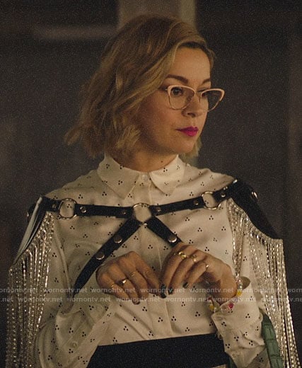 Pepper’s white dotted shirt and fringed harness on Katy Keene