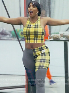 Porsha’s yellow plaid sports bra and leggings on The Real Housewives of Atlanta