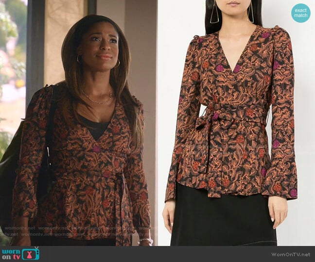 Proenza Schouler Paisley Floral Wrap Top worn by Poppy (Kimrie Lewis) on Single Parents
