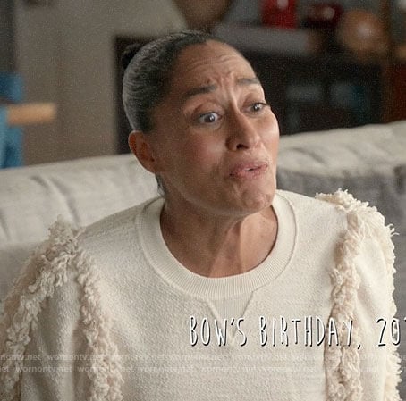 Rainbow’s white fringed sweatshirt on Black-ish