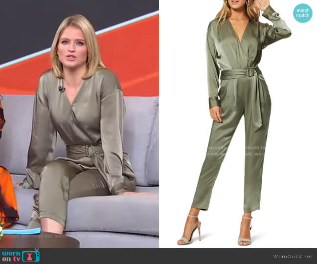 Ramy Brook Crosby Long Sleeve Satin Jumpsuit worn by Sara Haines on Good Morning America