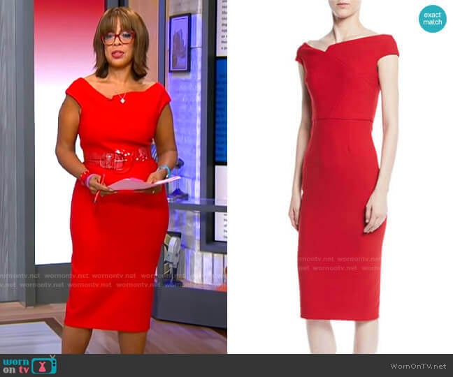 Roland Mouret Off-the-Shoulder Cap-Sleeve Crepe Sheath Dress worn by Gayle King on CBS Mornings
