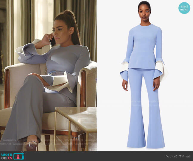 Safiyaa Halluana Blue Ash Trousers worn by Cristal Jennings (Daniella Alonso) on Dynasty