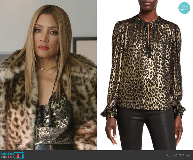 Saint Laurent Leopard-Print Long-Sleeve V-Neck Blouse worn by Dominique Deveraux (Michael Michele) on Dynasty