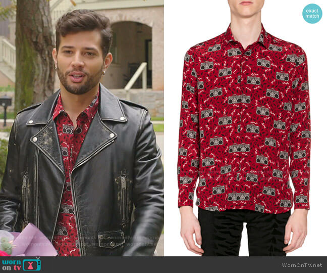 Saint Laurent Radio-Print Long-Sleeve Silk Sport Shirt worn by Sam Flores (Rafael de la Fuente) on Dynasty