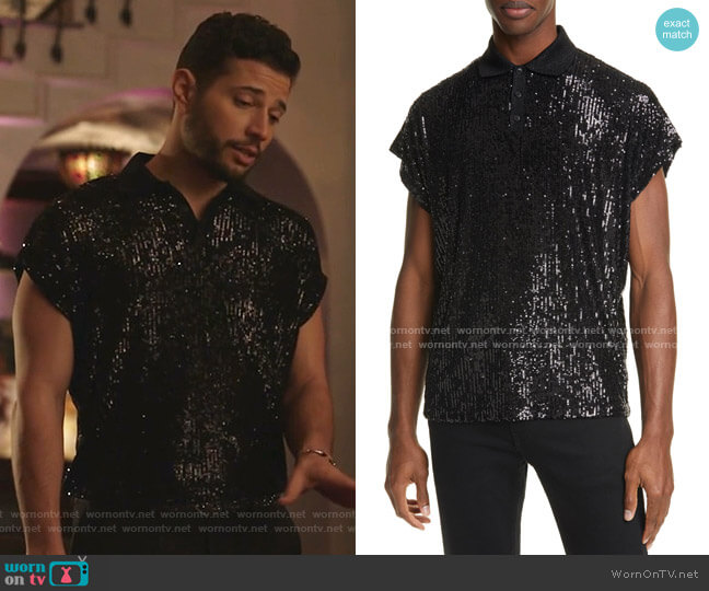 Saint Laurent Sequin Short Sleeve Polo worn by Sam Flores (Rafael de la Fuente) on Dynasty