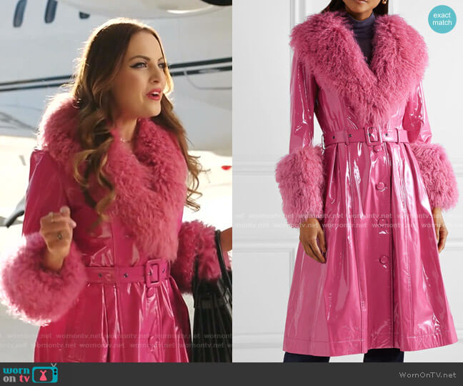 Saks Potts Foxy Belted Shearling-Trimmed Patent-Leather Coat worn by Fallon Carrington (Elizabeth Gillies) on Dynasty