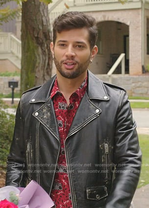 Sam’s red radio print shirt and moto jacket on Dynasty