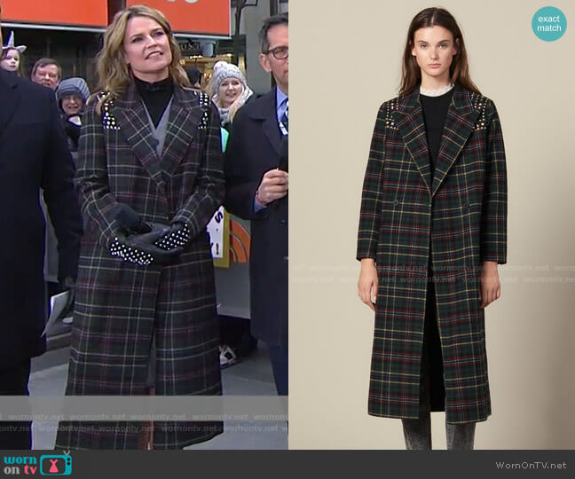 Sandro Long Coat with Rhinestone Shoulders worn by Savannah Guthrie on Today