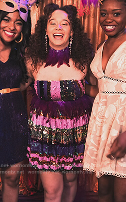 Jade’s sequin stripe strapless dress on Family Reunion