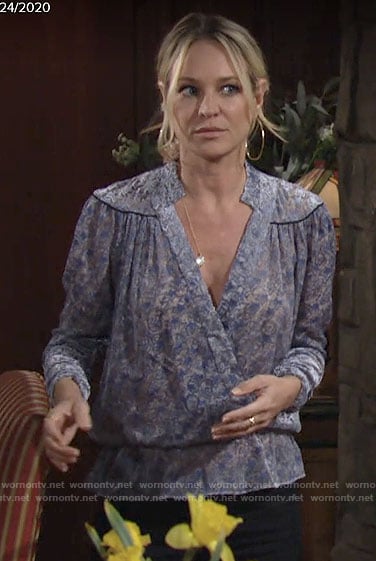 Sharon’s blue printed wrap blouse on The Young and the Restless