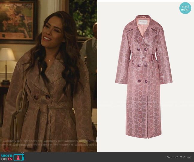 Stand Studio Snake-Effect Coated Vegan Leather Trench Coat worn by Cristal Jennings (Daniella Alonso) on Dynasty