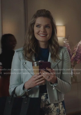 Sutton’s blue moto jacket on The Bold Type