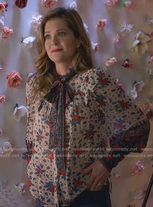 Sutton’s white floral tie neck blouse on The Bold Type