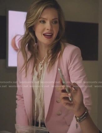 Sutton’s tie neck blouse and pink blazer on The Bold Type
