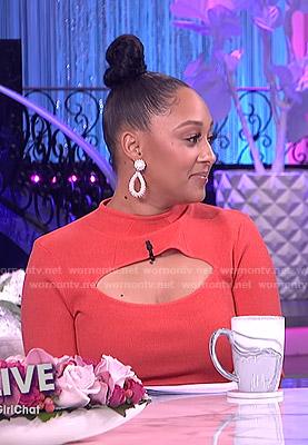 Tamera’s orange cutout top and tie dye skirt on The Real