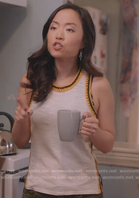 Janet’s white embroidered tank on Kims Convenience