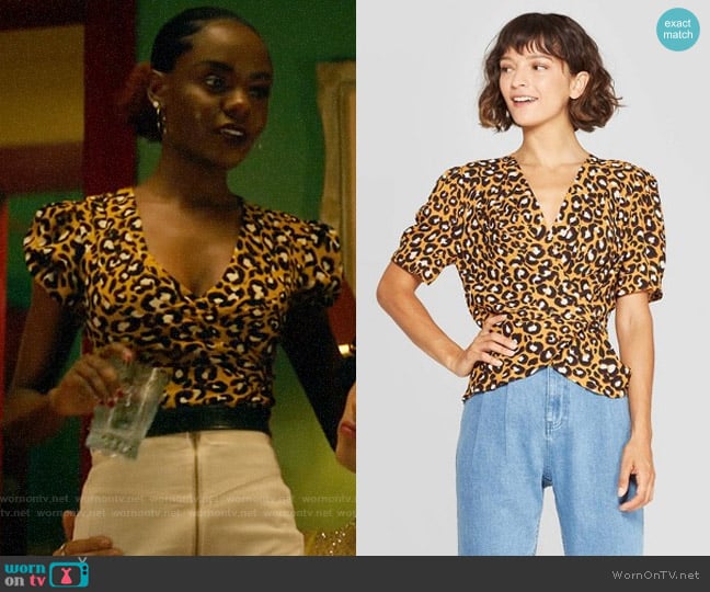 WhoWhatWear Leopard Print Short Sleeve Deep V-Neck Wrap Top worn by Josie McCoy (Ashleigh Murray) on Katy Keene