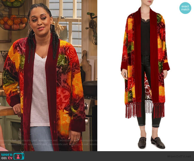 The Kooples Red Firework Floral Burnout Velvet Kimono worn by Cocoa McKellan (Tia Mowry-Hardrict) on Family Reunion