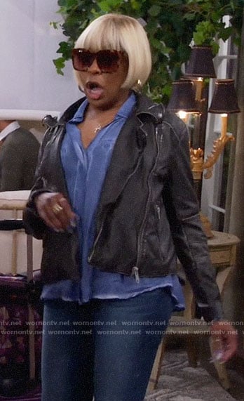 Tina’s leather moto jacket on The Neighborhood
