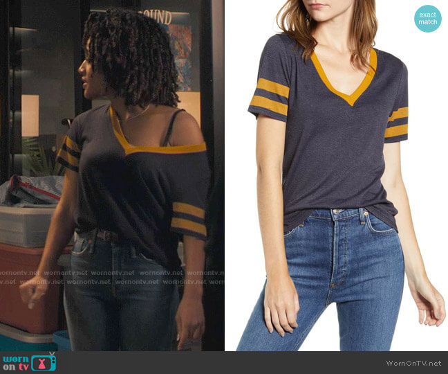 Treasure & Bond Varsity Stripe V-Neck Tee worn by Ruby (Bethany Brown) on Charmed