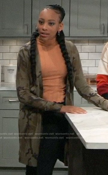 Trina’s long camo cardigan on General Hospital