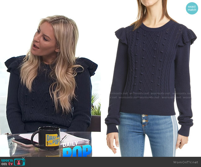 Veronica Beard Earl Ruffle Shoulder Cable Knit Sweater worn by Morgan Stewart on E! News