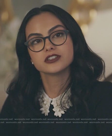 Veronica’s black sweater with white floral collar and tweed skirt on Riverdale