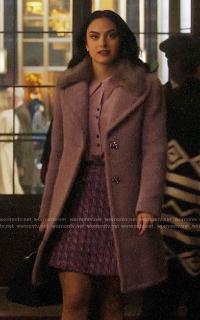 Veronica’s lilac button up blouse and purple fur-collar coat on Riverdale