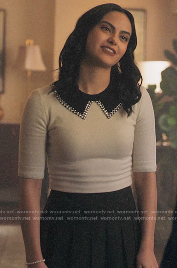 Veronica’s white pearl trim collar sweater on Riverdale