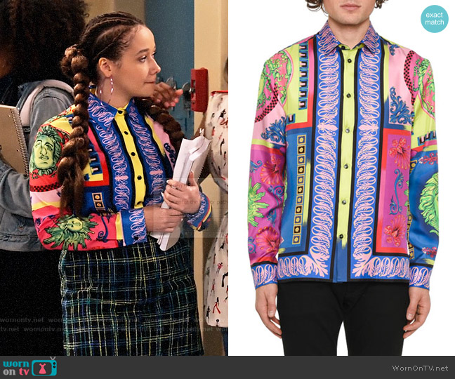 Versace Camicie Medusa Graphic Silk Sport Shirt worn by Jade (Talia Jackson) on Family Reunion