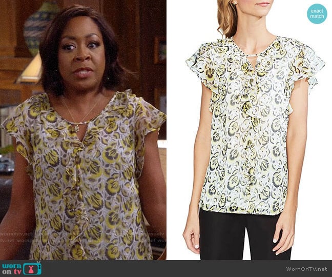 Vince Camuto Cluster Floral Ruffle Blouse worn by Tina Butler (Tichina Arnold) on The Neighborhood
