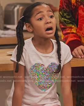 Ami’s white heart sequin tee on Family Reunion