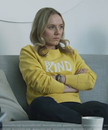 Claire’s yellow Be Kind sweatshirt on Good Trouble