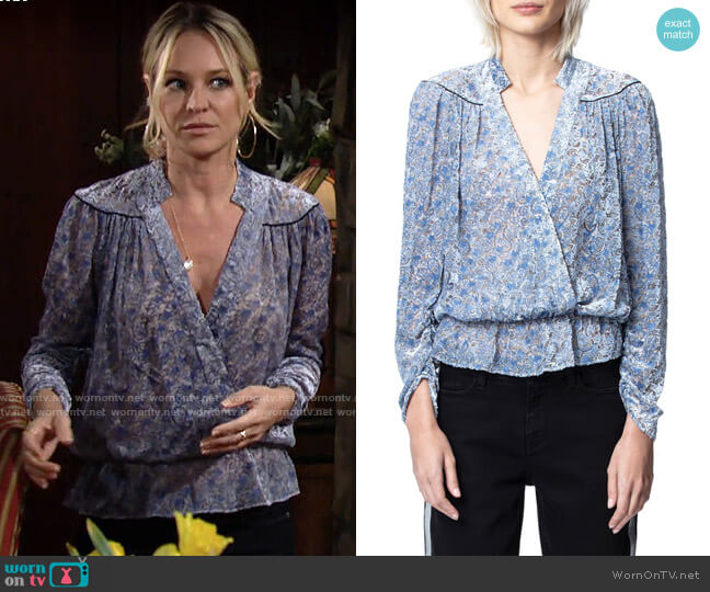 Zadig & Voltaire Tori Blouse in Bleuet worn by Sharon Newman (Sharon Case) on The Young and the Restless