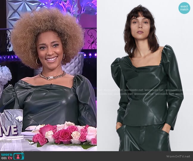 Zara Faux Leather Asymmetric Top worn by Amanda Seales on The Real