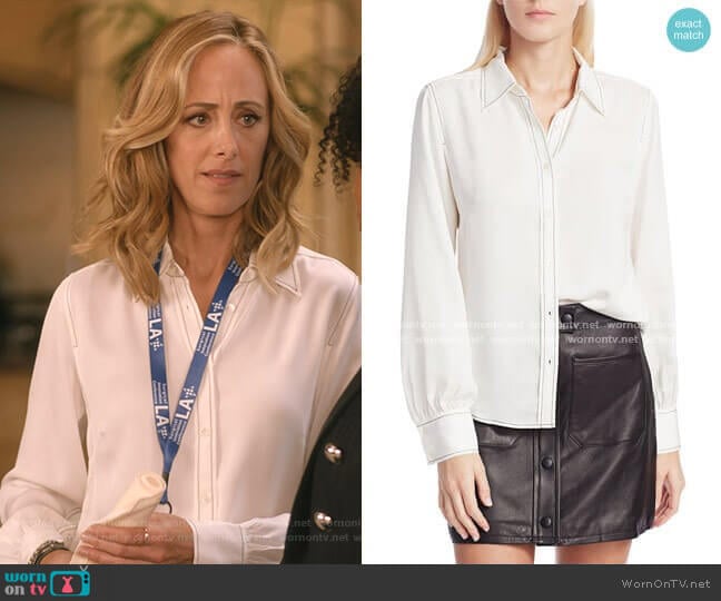 Frame 70s Contrast Stitch Puff-Sleeve Silk Shirt worn by Teddy Altman (Kim Raver) on Greys Anatomy