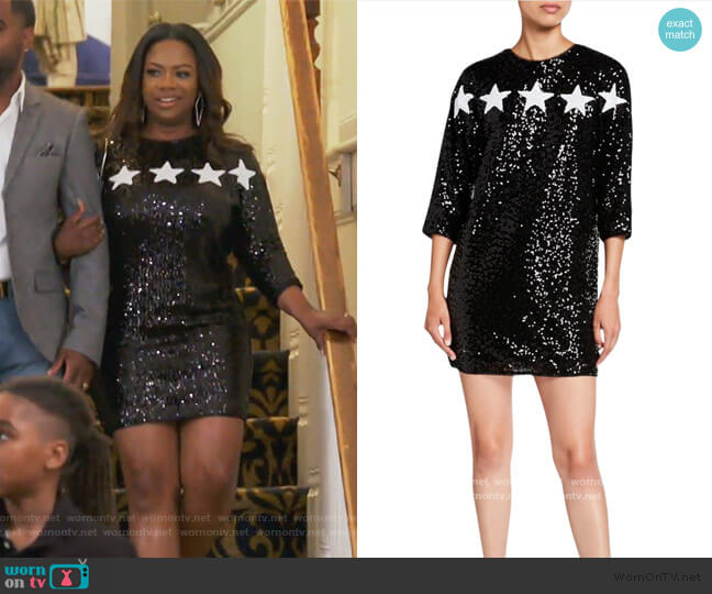 Aidan by Aidan Mattox Star Applique 3/4-Sleeve Sequin Cocktail Dress worn by Kandi Burruss on The Real Housewives of Atlanta