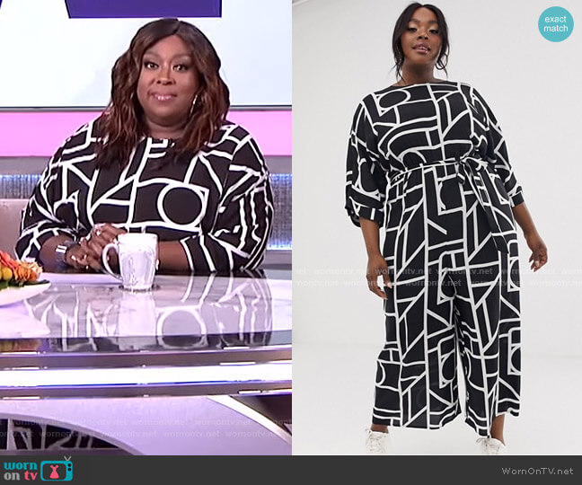 Asos Tie Waist Jumpsuit in Mono Geo Print worn by Loni Love on The Real