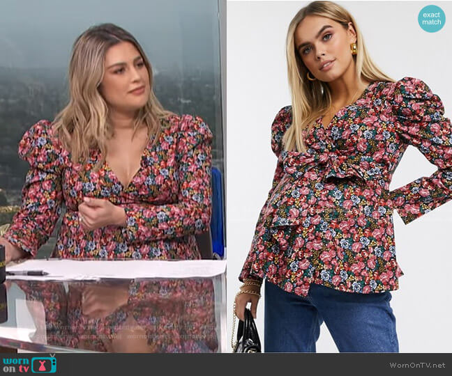 Asos Maternity Wrap Top with Volume Sleeve in floral worn by Carissa Loethen Culiner on E! News