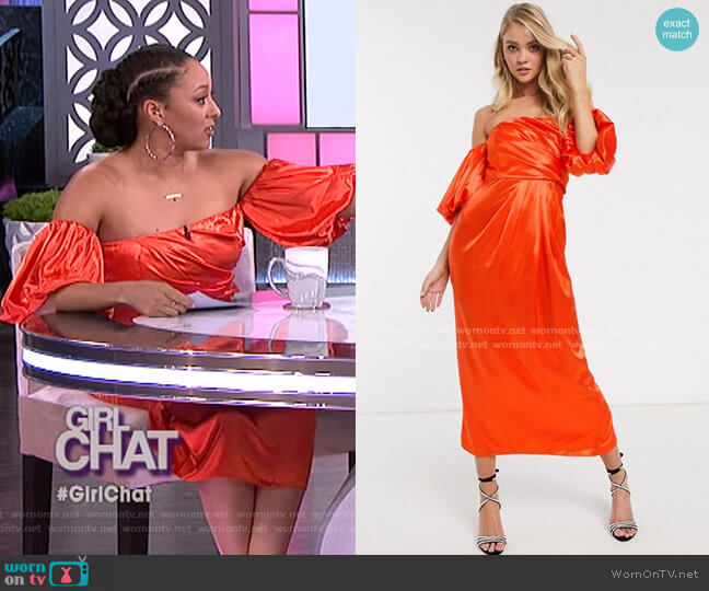 Asos Drape Off Shoulder Midi Dress in Satin worn by Tamera Mowry on The Real