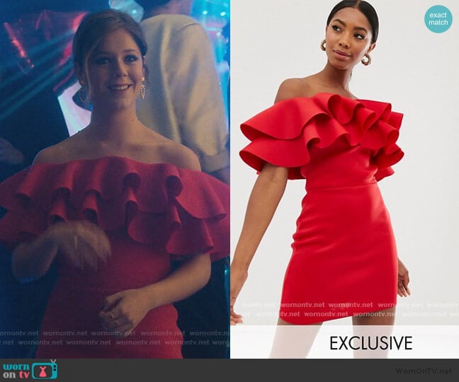 True Violet Exaggerated Frill Bandeau Mini Dress in red worn by Cayetana Grajera Pando (Georgina Amoros) on Elite