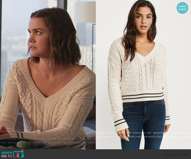 Abercrombie & Finch Cropped Cable V-neck Sweater worn by Callie Foster (Maia Mitchell) on Good Trouble