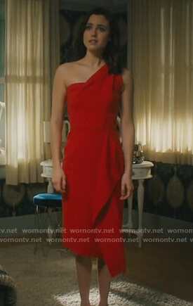 Abigael’s red one shoulder ruffle dress on Charmed