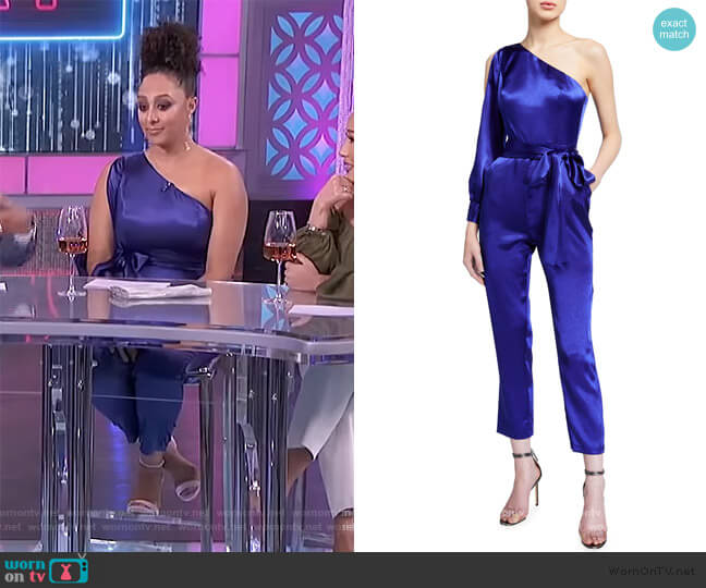 Aidan Mattox One-Shoulder Liquid Satin Jumpsuit worn by Tamera Mowry on The Real