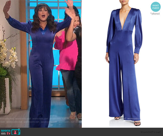 Alice + Olivia Lisa Satin Deep V-Neck Jumpsuit worn by Marie Osmond on The Talk
